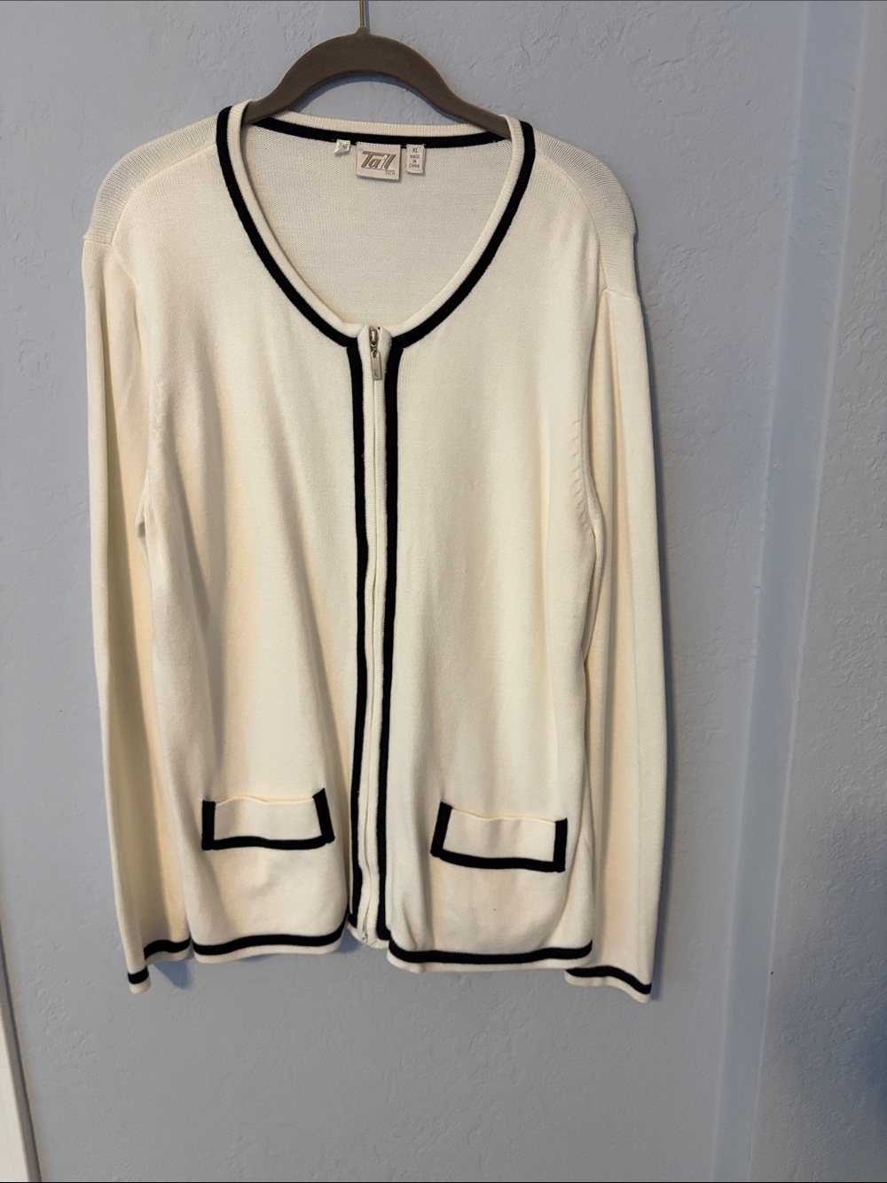 Classic White and Navy Zip Front Cardigan